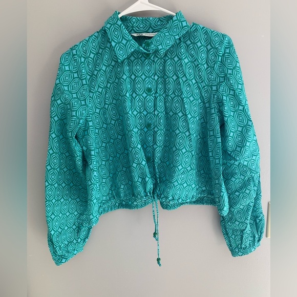 Womens Zara Geometric Long Sleeve Collared Tied Blouse & Smock Tiered Skirt SetL - Picture 2 of 15